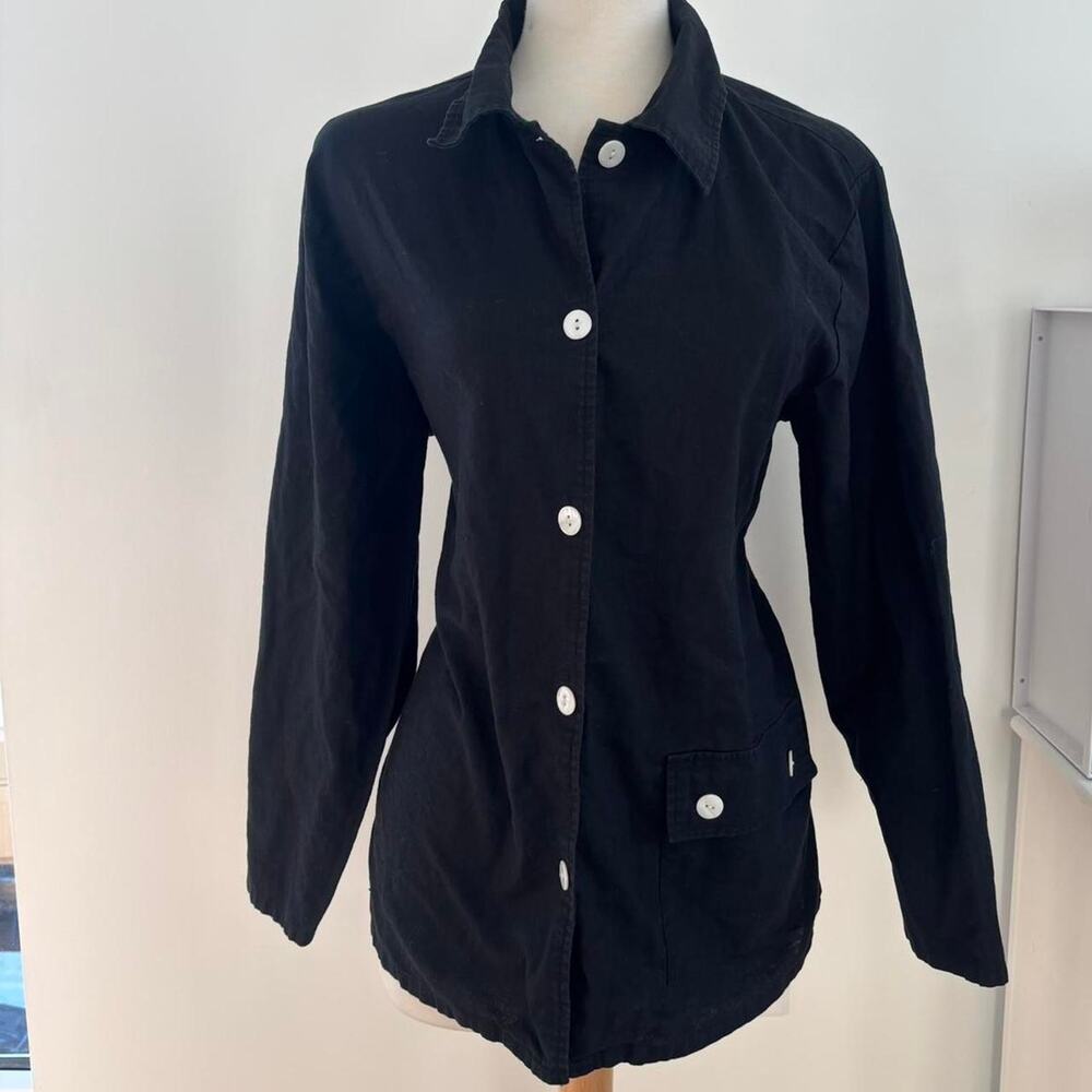 Denim and Co. Black Long Sleeved Button Up Cotton and Linen Blouse Sz Large - Picture 2 of 5